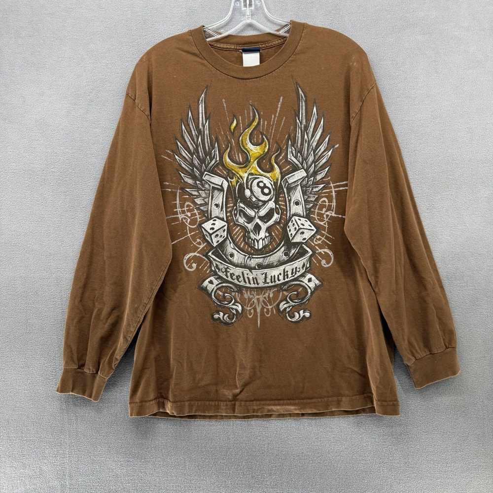 MOST Mens Feelin Lucky Graphic Long Sleeve T-Shirt Brown Skull 8-Ball Size L
